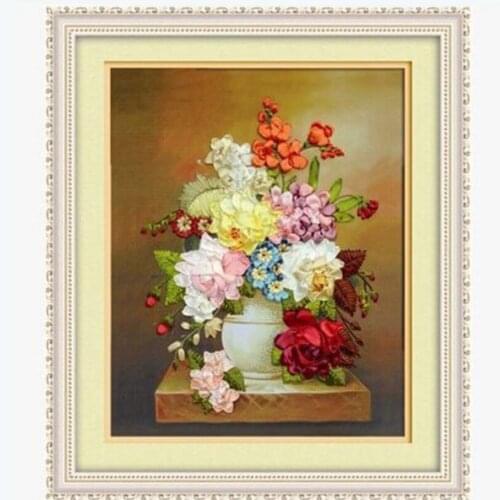 70x80cm 3D Flowerpot inflorescence Ribbon embroidery kit stain painting set handcraft kit DIY handmade needlework art home decor