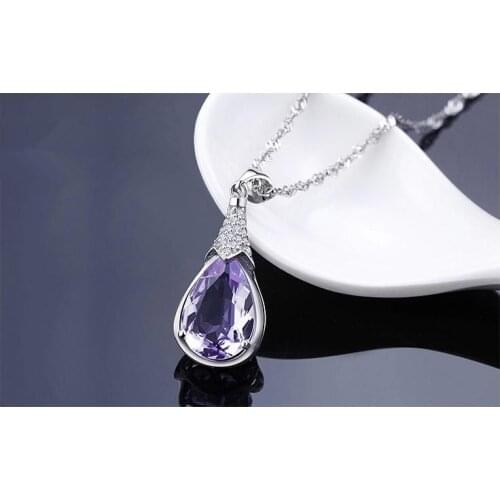 DIC66 925 sterling silver fashion purple crystal water drop ladies`pendant necklaces jewelry short chains drop shipping gift