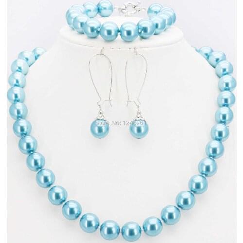 Hot Ornaments 10mm SkyBlue Glass Pearl Beads Necklace Bracelet Earrings Sets Jewelry Making Design Christmas Gifts Girls Women