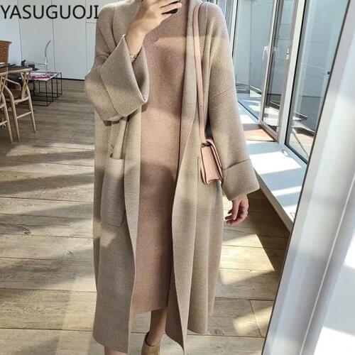 YASUGUOJI Khaki Long Cardigan Women Cashmere Solid Knit Sweater Women Long Sleeve Winter 2021 Pockets Female Cardigan Kimono