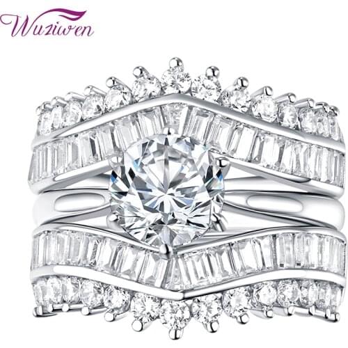 Wuziwen Grand 2 Pcs 925 Sterling Silver Wedding Rings Set For Women Round Cut AAA Zircon Engagement Ring Guard Band QR7686