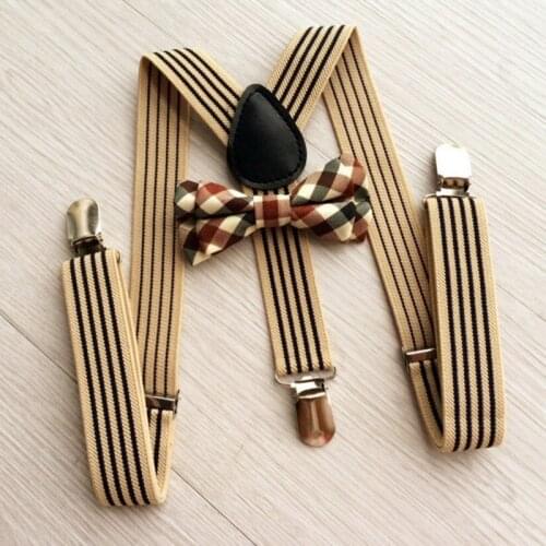 2Pcs Baby Girls Boys Clothes Accessories British Style Kids Striped Strap + Plaid Bow Tie Kit Fashion 130cm