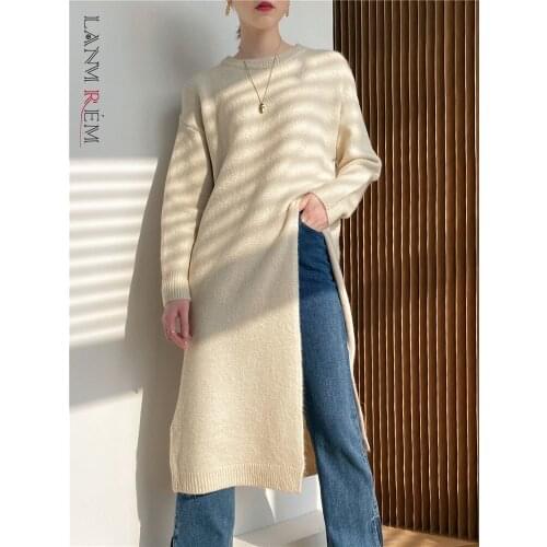 LANMREM Pullover Knitted Sweater Womens Medium Length Long Sleeves With Slit Side Female 2021 Autumn Outwear Clothing 2D5042