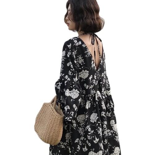 Summer Large size chiffon dress V-neck loose floral lace- up dress