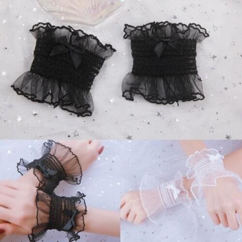 Japanese Lolita Sweet Shirred Elastic Wrist Cuffs Solid Color Ruffled Lace Trim Bowknot Bracelet Wristband Women Girls Anime