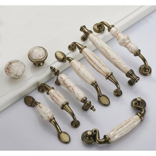Marble Lines Ceramic Cabinet Handles Zinc Alloy Drawer Knobs Wardrobe Door Handles Antique Bronze European Furniture Handle