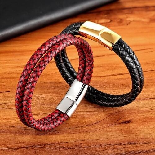 Double Layer Braided Wrap Leather Bracelets For Men Stainless Steel Magnetic Clasp Buckle Party Accessories Charm Punk Jewelry