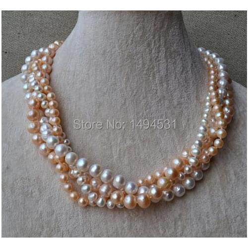 Wholesale Pearl Jewelry - 4 Rows 18 Inches 6-9mm White Pink Color Genuine Freshwater Pearl Necklace Fashion Ladys Jewelry