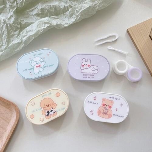 Ins Oval Contact Lens Case With Mirror Lovely Cartoon Lens Container Color Contact Lenses Eye Lens Covers Travel Set Girls Gift