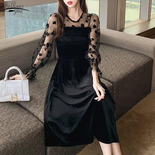Korean Mesh Velvet Sexy Dress Women Autumn Winter New Midi Black Dress Embroidery Vinatge Zipper Ladies Dresses Vestidos 12557