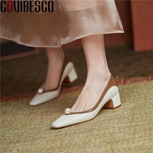 COVIBESCO Casual Working Women Pumps 2021 New Arrival Pearl Mixed Colors Genuine Leather Fashion Concise Thick Heels Shoes Woman