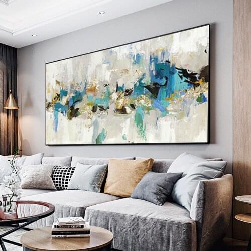 Hand painted fashion color wall art blue abstract oil painting on canvas modern bright living room wall image