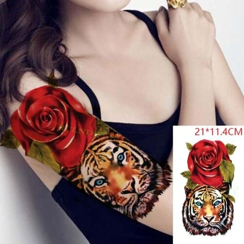Waterproof Temporary Tattoo Stickers Tiger Animal Red Big Rose Flower Plant Fake Tatto Flash Tatoo Body Art for Women Men