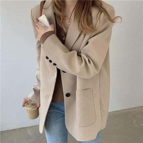 Women Black Casual Loose Blazer Outwear Korean Vintage Office Lady Blazer Jackets Elegant Suit Coat Chic Pockets