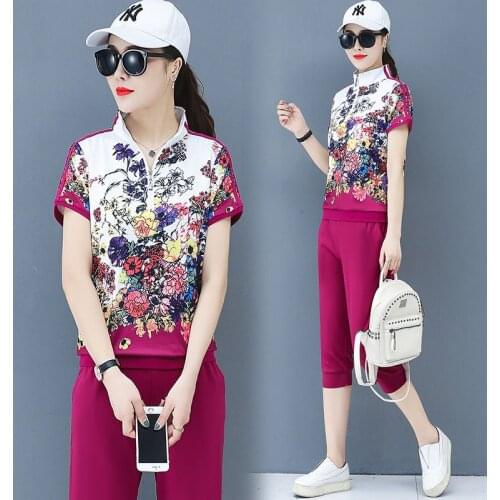 High Quality Fashion 2 Piece Set Women 2021 Summer Casual Printed T Shirts + Pants Sportswear Sets Female Plus Size Outfit