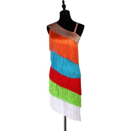Colorful fringe tassel latin dress salsa dress latin dress lace women latin dance dress for girls rhinestone