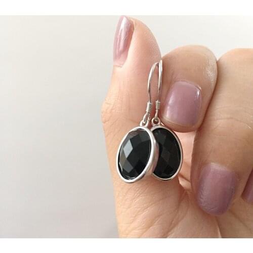100% real. Authentic 925 Sterling silver Black Agate oval hook Dangle Earrings Fine jEWELRY tle854