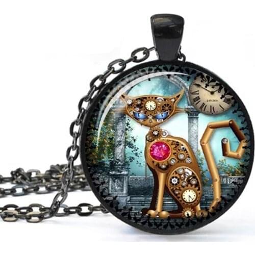 2019 Hot Sale Steampunk Cat Cabochon Gem Glass Pendant Necklace Sweater Chain Necklace for Women Child Chain Necklace Jewelry