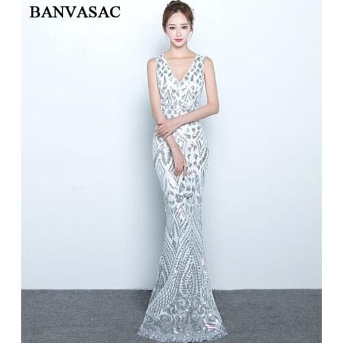 BANVASAC Sexy Deep V Neck Sequined Mermaid Long Evening Dresses 2019 Elegant Party Illusion Backless Prom Gowns