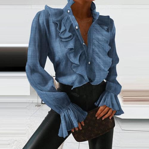 Fashion Ruffles Blouse Women Tops 2021 Sexy V Neck Spring Petal Sleeve Casual Shirt Solid Plus Size Office Blouses