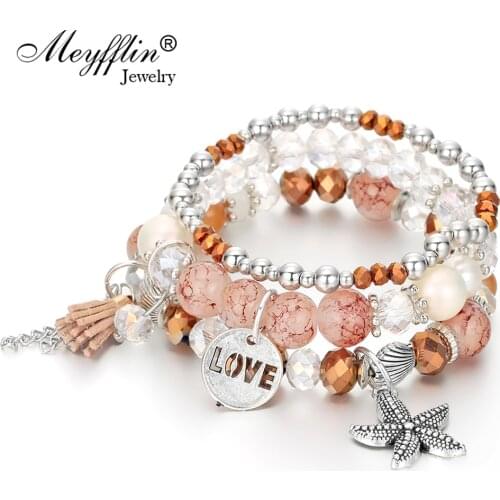 Bohemian Seastar Crystal Bracelets & Bangles for Women Fashion Multilayer Beaded Bracelet Female Charms Wristband Boho Jewelry