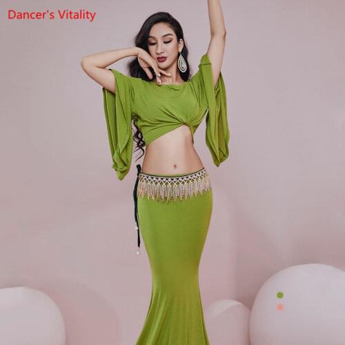 Belly Dance Suit Round neck Top Loose Long Sleeves Skirt Practice Clothes Set Female Adult Elegant Shirt Performance Clothing