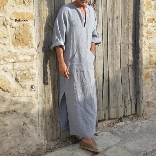 Men Robes Kaftan Muslim Arab Islamic V-Neck Short Sleeve Solid Cottonthobe Vintage Loungewear Plus Size Arabia Man