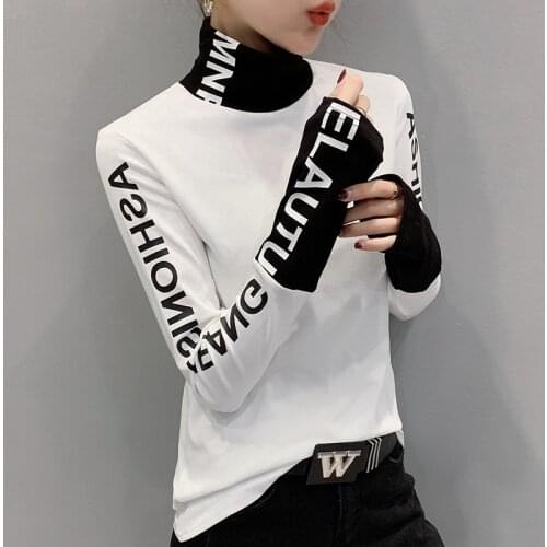 Fall Spring European Clothes Tshirt Fashion Patchwork Letter Long Sleeve Brushed Cotton Tops Bottoming Shirt Tees 2021 T13509A