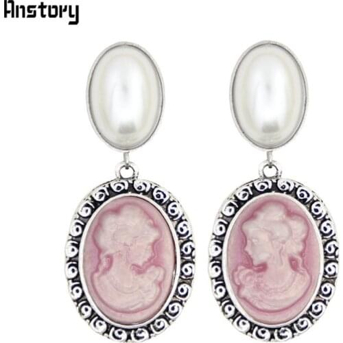 Oval Pearl Earrings Stud For Women Lady Queen Cameo Stud Vintage Look Antique Silver Plated Fashion Jewelry TE492