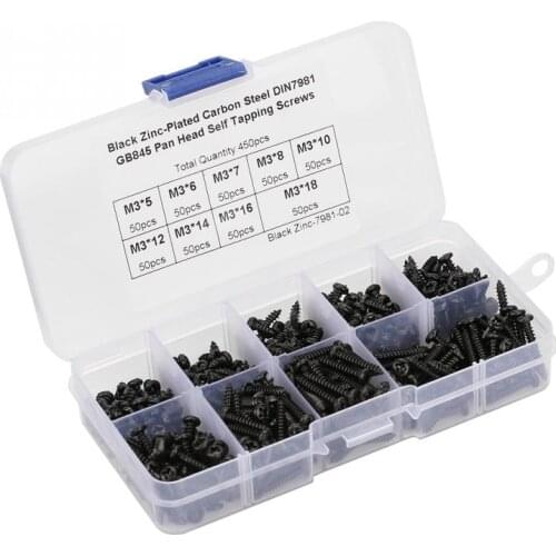450Pcs M3 Carbon Steel Tapping Screws Screw Pan Head Self Tapping screws Set Assortment Kit Black Fastener New Arrival