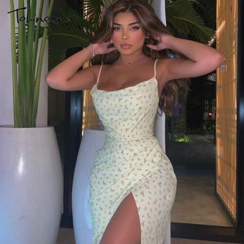 Tobinoone Flower print summer dress Women split midi beach dress Spaghetti Strap backless sexy evening party dress vestidos robe