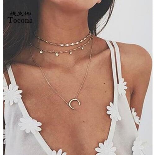 Tocona Bohemian Moon Pendant Necklace for Women Shiny Crystal Stone Gold Wafer Chain Chocker Party Jewelry Accessories N001