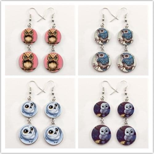 Vintage Cute Owl Art Pattern earring Charm Glass Cabochon earring Ms Fashion Gift Party Souvenir Handmade DIY