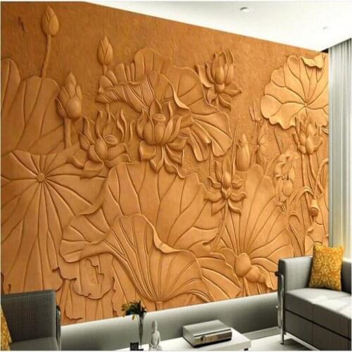 Wellyu Custom large fresco wood carving Chinese classical lotus fresco TV backdrop design wallpaper papel de parede