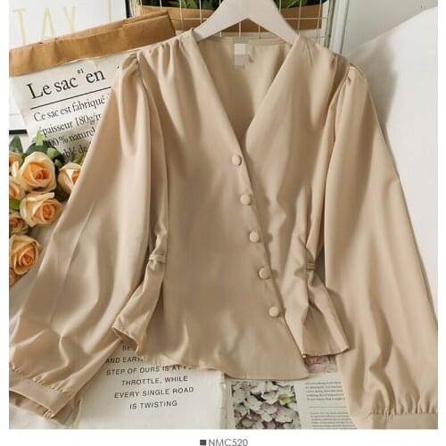 2021 Autumn New Fashion Temperament Bluose Womens Bubble Sleeve French Blusa Waist and Thin V-neck All-match Shirt KK977