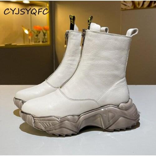 CYJSYQFC Brand Genuine Leather Platform Leisure Women Ankle Boots Round Toe Front Zip Thick Bottom Ladies Sneakers Top Quality