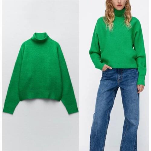 Za 2021 Green High Neck Knit Sweater Women Fashion Long Sleeve Autumn Sweaters Loose Knitted Tops Streetwear Vintage Pullover