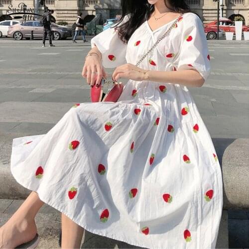 New Korean Lantern Short-Sleeve Summer Dress Cotton Vintage Plus Size Print Dress for Women V Neck Midi Dress Vestidos 9372 50