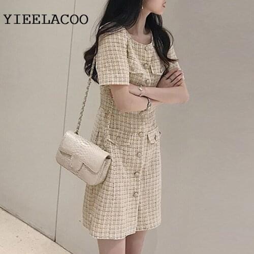 Beige plaid dress Tweed Short sleeve 2020 spring / autumn womens dress tassel ladies slim bottoming dress one-piece