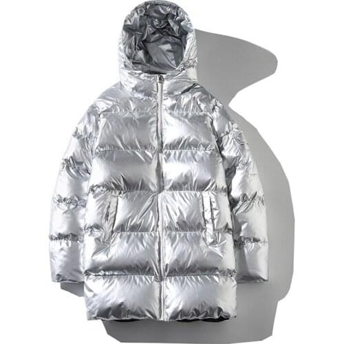 Winter Men Jacket Thick Warm Parka Jackets Silver Bright color long mens Hooded Cotton Jacket bigger size Casual Parkas coat