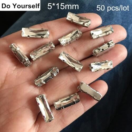 50 pcs Clear Crystal Sew on Beads in Silver Color Prong Settings,5*15mm Facet Glass Flatback Sewing on Beads For Clothing Deco