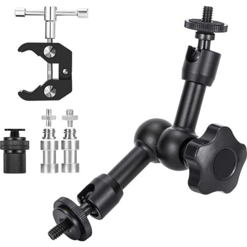 7 Inch Friction Arm Adjustable With Large Super Crab Clamp + Hot Shoe Mount 1/4 inch Articulating Magic Arm For Photography, Cam