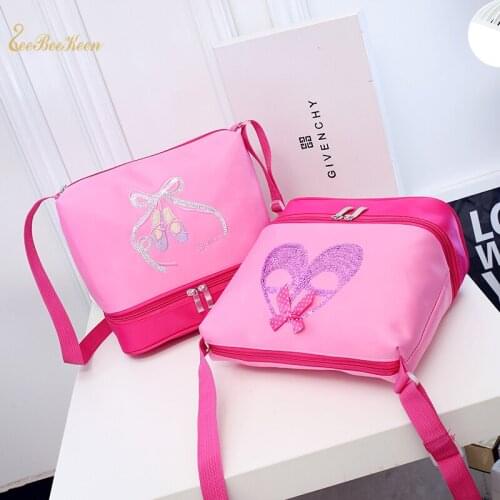 Girls Ballet Dance Bags 2 Layers Ballet Bag Embrory Sequins Ballerina Children Dance Bag Kids Pink Crossbody Bag For Dancing