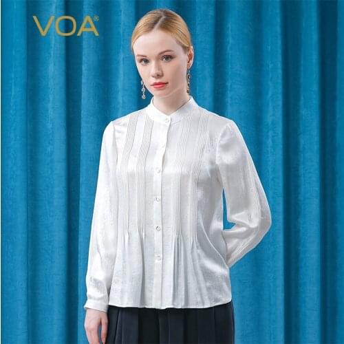 VOA Fashion Silk Shirt Office Lady Blouses BE350 Half High Collar Long Sleeve Single Breasted White Womens Tops Spring 2021