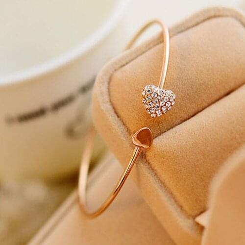 Hot New Fashion Adjustable Crystal Double Heart Bow Bilezik Cuff Opening Bracelet For Women Jewelry Gift Mujer Pulseras