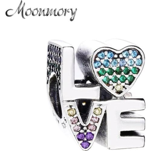 Moonmory 100% Real 925 Sterling Silver Multi-Color Love Charm Crystal Zircon Beads For Jewelry Making 2020 Summer Women Jewelry