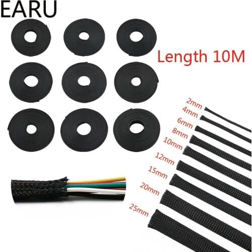 10M Black Insulated Braid Sleeving 2/4/6/8/10/12/15/20/25mm Tight PET Wire Cable Protection Expandable Cable Sleeve Wire Gland
