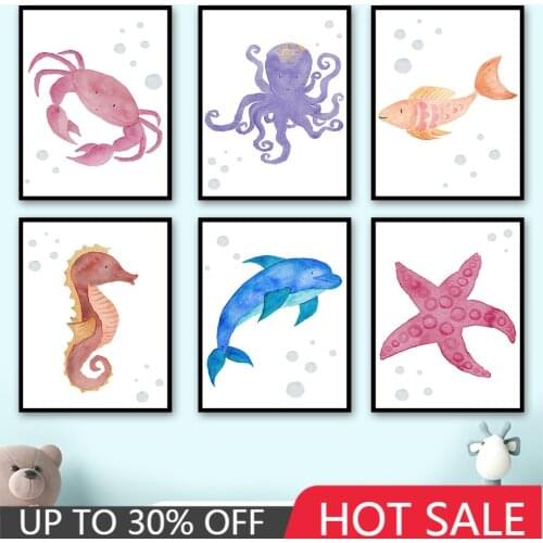 Dolphin Octopus Starfish Marine Life Wall Art Canvas Painting Cartoons Nordic Posters And Prints Wall Pictures Kids Room Decor
