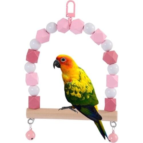 Bird Wooden Swing Toys Parrot Chewing Hanging Perch with Bells Colorful Pet Birds Cage Toy for Small Parakeet Lovebird Cockatiel