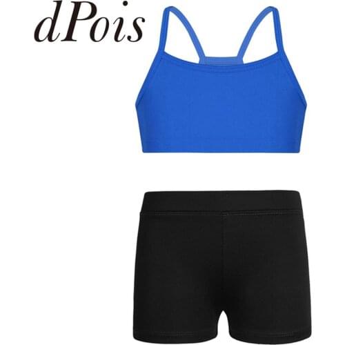Kids Girls Stretchy Solid Color Tanks Bra Tops Crop Top with Boy-cut Low Rise Dance Shorts Yoga Sports Workout Gym Activewear